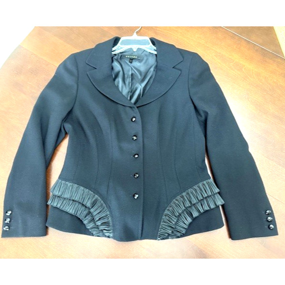 ESCADA Womens Black Jacket Blazer NEW Wool RUFFLES DOUBLURE VINTAGE Size 42 - Picture 1 of 11